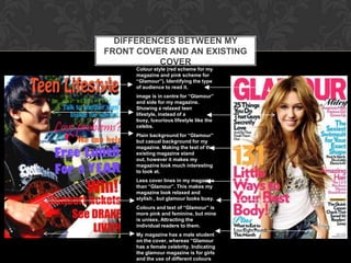 DIFFERENCES BETWEEN MY
FRONT COVER AND AN EXISTING
          COVER
      Colour style (red scheme for my
      magazine and pink scheme for
      “Glamour”). Identifying the type
      of audience to read it.
      image is in centre for “Glamour”
      and side for my magazine.
      Showing a relaxed teen
      lifestyle, instead of a
      busy, luxurious lifestyle like the
      celebs.
      Plain background for “Glamour”
      but casual background for my
      magazine. Making the text of the
      existing magazine stand
      out, however it makes my
      magazine look much interesting
      to look at.
      Less cover lines in my magazine
      than “Glamour”. This makes my
      magazine look relaxed and
      stylish , but glamour looks busy.
      Colours and text of “Glamour” is
      more pink and feminine, but mine
      is unisex. Attracting the
      individual readers to them.
      My magazine has a male student
      on the cover, whereas “Glamour
      has a female celebrity. Indicating
      the glamour magazine is for girls
      and the use of different colours
 