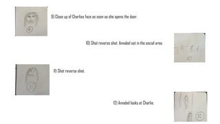 9) Close up of Charlies face as soon as she opens the door.
10) Shot reverse shot. Annabel sat in the social area.
11) Shot reverse shot.
12) Annabel looks at Charlie.
 