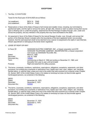 Title Reportdocument Kaaihue's Preliminary Title Report, as of Mar. 2021, dates back to 1970 ...