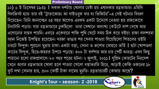 ১২) ৬ ই বিযসম্বে ১৯৩১ । সকোল র্শটোয় গখোলোে গিষ্টো হয় এখোনকোে েত্নভোন্ডোে। এবমবল
বগলবিস্ট হযোি তোে িই ‘ট্রোভোযঙ্কোেঃ আ গোইিিুক ে র্য বভবজটে”-এ গসই টনোে বিিেণ
বর্যয়যছন। বতবন জোনোযেন ২৫ িছে আযগও এেকম একটো উযর্যোগ গনওয়ো হয় েোজযকোযষ
টোনোটোবন পড়োয়। োেো েত্নভোন্ডোযে ঢু কবছযলো তোেো গসখোযন অসংখয গকউযট সোপ গর্যখ আে
এযগোযনোে সোহস পোয়বন। এিোযে এযকিোযে পোবজ পুবথ গ যট সময় ঠিক কযে স্বইয়ং েোজো িোলশেমো
িেমো বনযজই উপবস্থত হযয়যছন। র্েজো ভোঙোে পে গসিোে পোওয়ো বগযয়বছযলো বপতযলে তইবে
িোেযট বসন্দুক। পুেোযনো মুদ্রোয় ঠোসো। একটো িস্তো, গসোনো ও রুযপোে গমোহযে ভবতদ । ছটো গখোপওলো
কোযঠে বসন্দুক, বহযে-জহেত উপযি পড়যছ। ৩০০ টো স্বণদপোত্র আে িোে গপটি ধনেত্ন। এসি বকছু
পোঠোযনো হযলো েোজপ্রোসোযর্। ৮০ িছে পযেে টনো। ৭ জুলোই, ২০১১। সুবপ্রম গকোেযটে বনেযর্শ
গমযন আিোে েত্নভোন্ডোে গখোলো হযল পোওয়ো গগযলো িস্তোভেবত বহযে, আড়োই গকবজ ওজযনে ১৮
ু ট লম্বো গসোনোে হোে, ৫০০ গকোটি টোকো র্োযমে মুেবত। েত্নভোন্ডোেটি গকোথোয় আযছ?
Knight’s Tour – season- 2 -2018
Preliminary Round
 