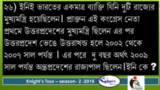 ২৬) ইবনই ভোেযতে একমোত্র িযোবক্ত ব বন দুটি েোযজযে
মুখযমবন্ত্র হযয়বছযলন। প্রোক্তন এই কংযেস গনতো
প্রথযম উত্তেপ্রযর্যশে মুখযমবন্ত্র বছযলন এে পে
উত্তেপ্রযর্শ গভযঙ উত্তেোখন্ড হযল ২০০২ গথযক
২০০৭ সোল প দন্ত । এে পযে দু িছে অথদৎ ২০০৯
সোল প দন্ত অন্ধ্রপ্রযর্যশে েোজযপোল বছযলন।ইবন গক ?
Knight’s Tour – season- 2 -2018
 