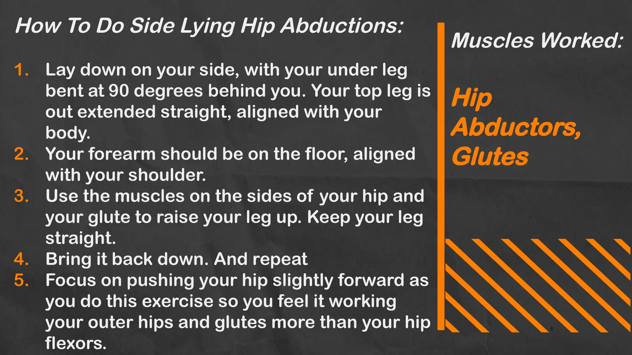 How To Do Side Lying Hip Abductions:
1. Lay down on your side, with your under leg
bent at 90 degrees behind you. Your top leg is
out extended straight, aligned with your
body.
2. Your forearm should be on the floor, aligned
with your shoulder.
3. Use the muscles on the sides of your hip and
your glute to raise your leg up. Keep your leg
straight.
4. Bring it back down. And repeat
5. Focus on pushing your hip slightly forward as
you do this exercise so you feel it working
your outer hips and glutes more than your hip
flexors.
Muscles Worked:
Hip
Abductors,
Glutes
 