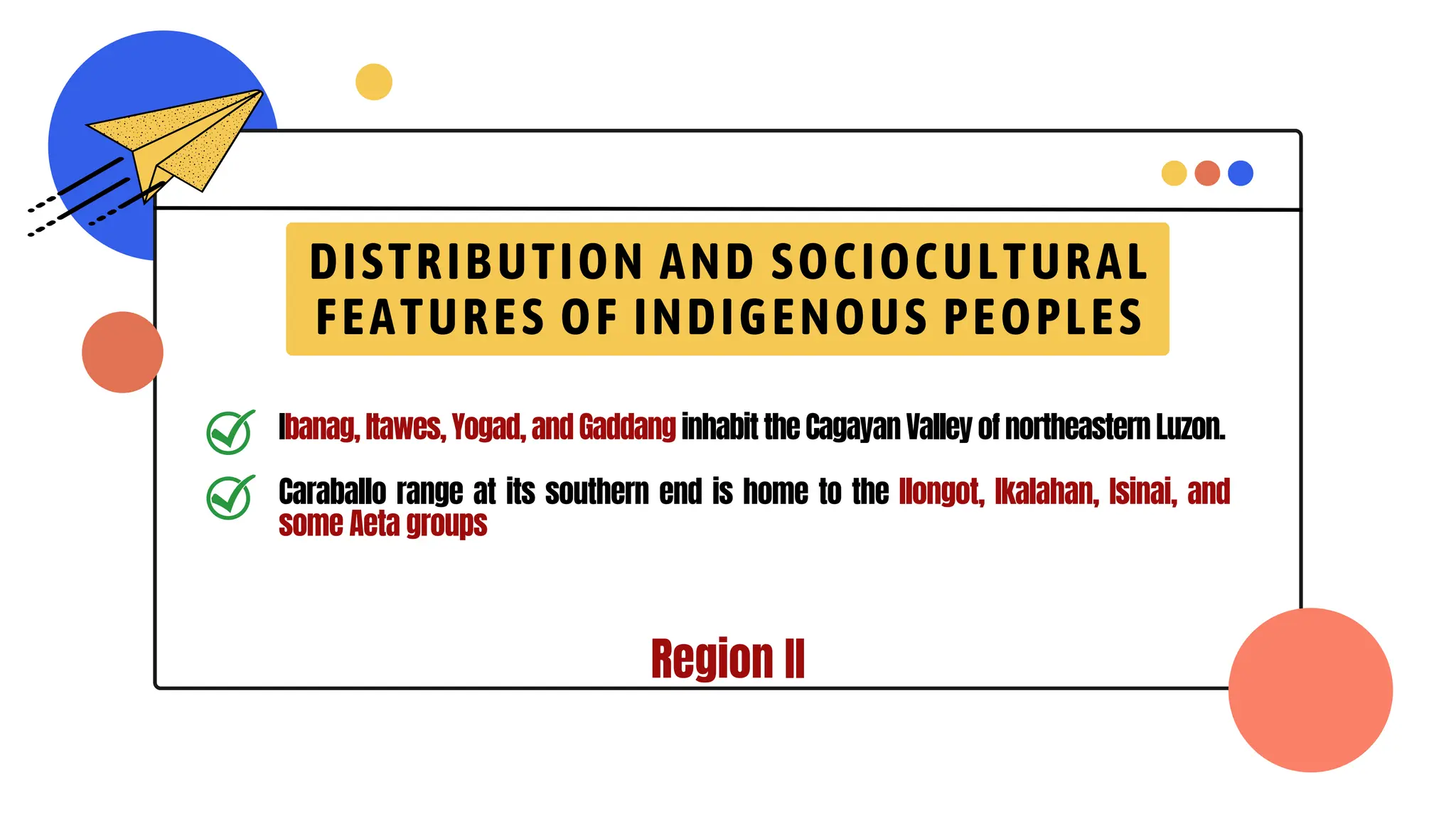 DISTRIBUTION AND SOCIOCULTURAL
FEATURES OF INDIGENOUS PEOPLES
Ibanag, Itawes, Yogad, and Gaddang inhabit the Cagayan Valley of northeastern Luzon.
Caraballo range at its southern end is home to the Ilongot, Ikalahan, Isinai, and
some Aeta groups
Region II
 