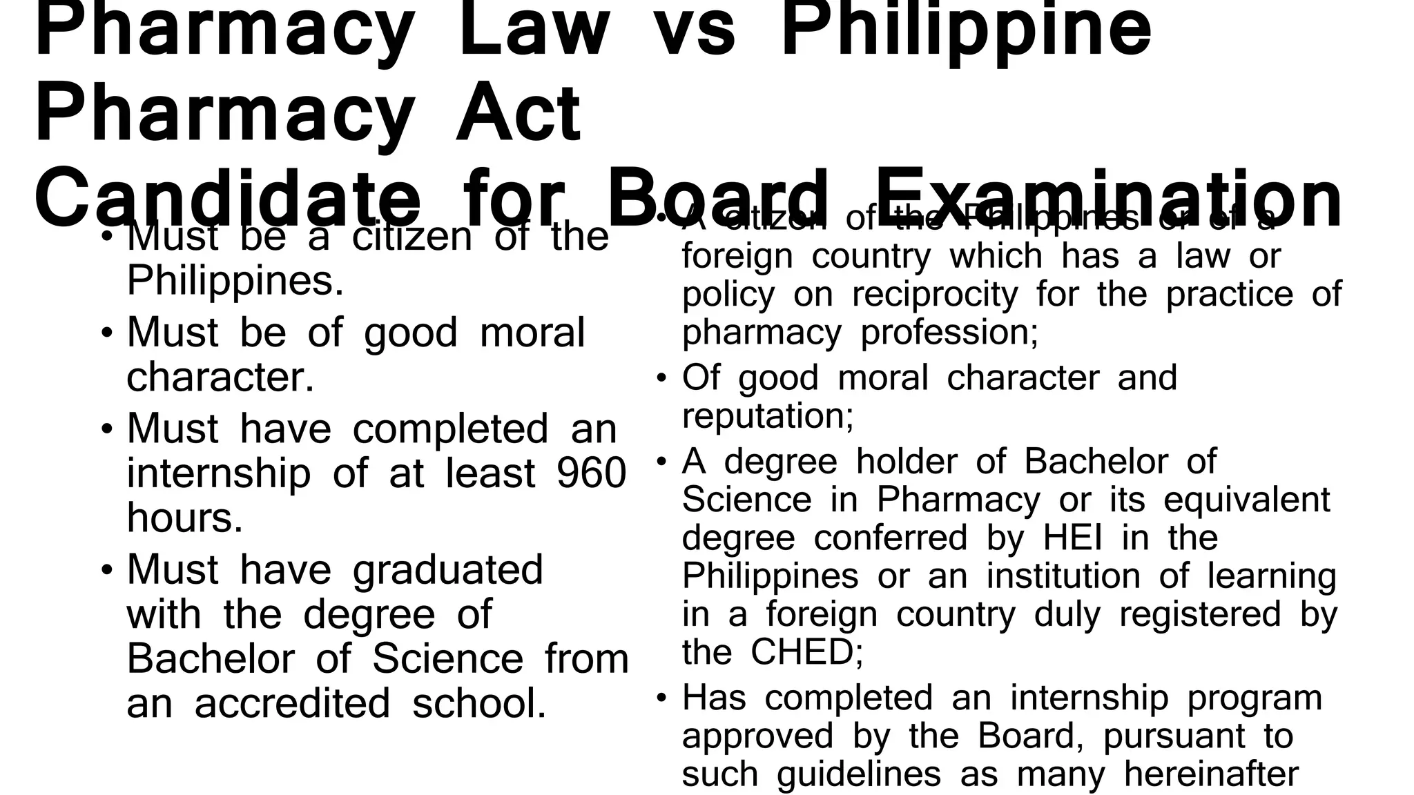 Pharmacy Law vs Philippine
Pharmacy Act
Candidate for Board Examination• Must be a citizen of the
Philippines.
• Must be of good moral
character.
• Must have completed an
internship of at least 960
hours.
• Must have graduated
with the degree of
Bachelor of Science from
an accredited school.
• A citizen of the Philippines or of a
foreign country which has a law or
policy on reciprocity for the practice of
pharmacy profession;
• Of good moral character and
reputation;
• A degree holder of Bachelor of
Science in Pharmacy or its equivalent
degree conferred by HEI in the
Philippines or an institution of learning
in a foreign country duly registered by
the CHED;
• Has completed an internship program
approved by the Board, pursuant to
such guidelines as many hereinafter
 