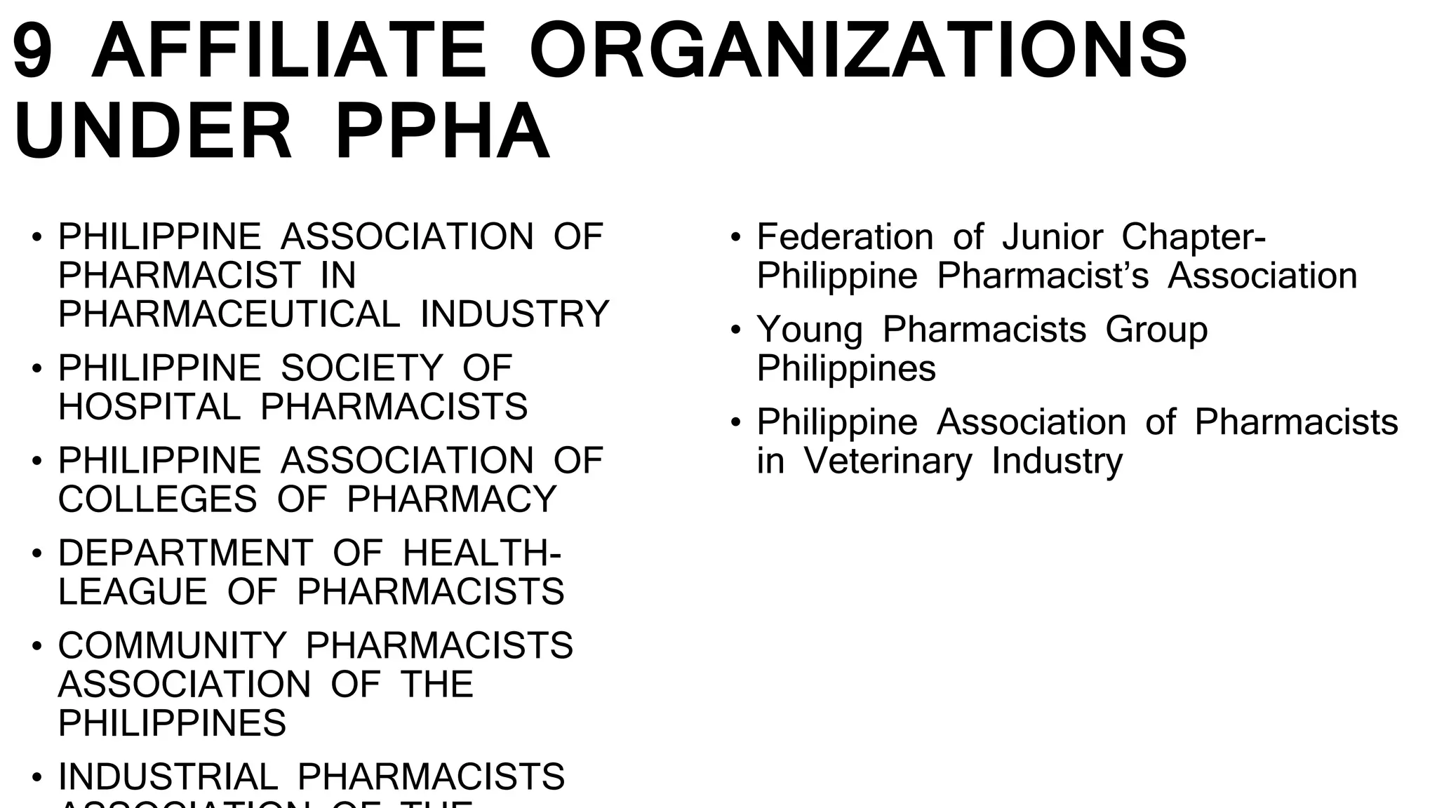 9 AFFILIATE ORGANIZATIONS
UNDER PPHA
• PHILIPPINE ASSOCIATION OF
PHARMACIST IN
PHARMACEUTICAL INDUSTRY
• PHILIPPINE SOCIETY OF
HOSPITAL PHARMACISTS
• PHILIPPINE ASSOCIATION OF
COLLEGES OF PHARMACY
• DEPARTMENT OF HEALTH-
LEAGUE OF PHARMACISTS
• COMMUNITY PHARMACISTS
ASSOCIATION OF THE
PHILIPPINES
• INDUSTRIAL PHARMACISTS
• Federation of Junior Chapter-
Philippine Pharmacist’s Association
• Young Pharmacists Group
Philippines
• Philippine Association of Pharmacists
in Veterinary Industry
 