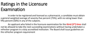 Ratings in the Licensure
Examination
In order to be registered and licensed as a pharmacist, a candidate must obtain
a general weighted average of seventy-five percent (75%), with no rating lower than
fifty percent (50%) in any of the subjects.
An applicant who failed in the licensure examination for the third (3rd) time shall
not be allowed to take the next succeeding examinations without having undertaken a
refresher program in a duly accredited institution. The Board shall issue guidelines on
the refresher program requirement
 