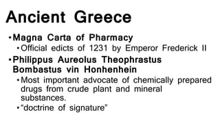 Ancient Greece
•Magna Carta of Pharmacy
•Official edicts of 1231 by Emperor Frederick II
•Philippus Aureolus Theophrastus
Bombastus vin Honhenhein
•Most important advocate of chemically prepared
drugs from crude plant and mineral
substances.
•“doctrine of signature”
 