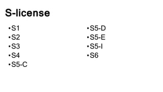 S-license
•S1
•S2
•S3
•S4
•S5-C
•S5-D
•S5-E
•S5-I
•S6
 