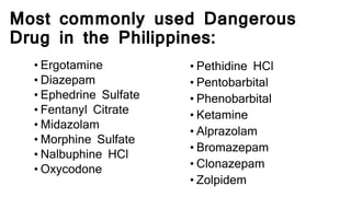 Most commonly used Dangerous
Drug in the Philippines:
• Ergotamine
• Diazepam
• Ephedrine Sulfate
• Fentanyl Citrate
• Midazolam
• Morphine Sulfate
• Nalbuphine HCl
• Oxycodone
• Pethidine HCl
• Pentobarbital
• Phenobarbital
• Ketamine
• Alprazolam
• Bromazepam
• Clonazepam
• Zolpidem
 