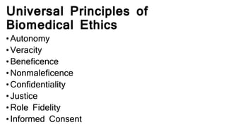Universal Principles of
Biomedical Ethics
•Autonomy
•Veracity
•Beneficence
•Nonmaleficence
•Confidentiality
•Justice
•Role Fidelity
•Informed Consent
 