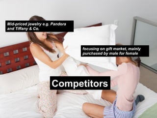 Mid-priced jewelry e.g. Pandora
and Tiffany & Co.

focusing on gift market, mainly
purchased by male for female

Competitors

 