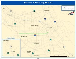 ·|}þ732
!"#$680
!"#$880
!"#$280
·|}þ78
(/101
·|}þ58
·|}þ58
·|}þ71
(/101
(/101
SUNNYVALE
MOUNTAIN
VIEW
LOS ALTOS
PALO
ALTO
LOS ALTOS HILLS
SANTA CLARA
SAN JOSE
MILPITAS
CAMPBELL
MONTE
SERENO
LOS GATOS
SARATOGA
CUPERTINO
Stevens Creek Light Rail
Legend
Stevens Creek Light Rail
©0 2.5 51.25
Miles
MORGAN HILL
GILROY
(/101
·|}þ251
·|}þ251
South County
62
 