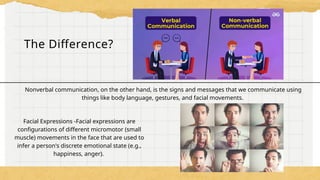 Nonverbal communication, on the other hand, is the signs and messages that we communicate using
things like body language, gestures, and facial movements.
Facial Expressions -Facial expressions are
configurations of different micromotor (small
muscle) movements in the face that are used to
infer a person's discrete emotional state (e.g.,
happiness, anger).
The Difference?
 