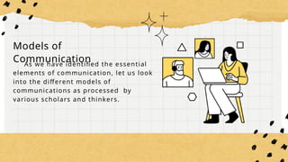 Models of
Communication
As we have identified the essential
elements of communication, let us look
into the different models of
communications as processed by
various scholars and thinkers.
 