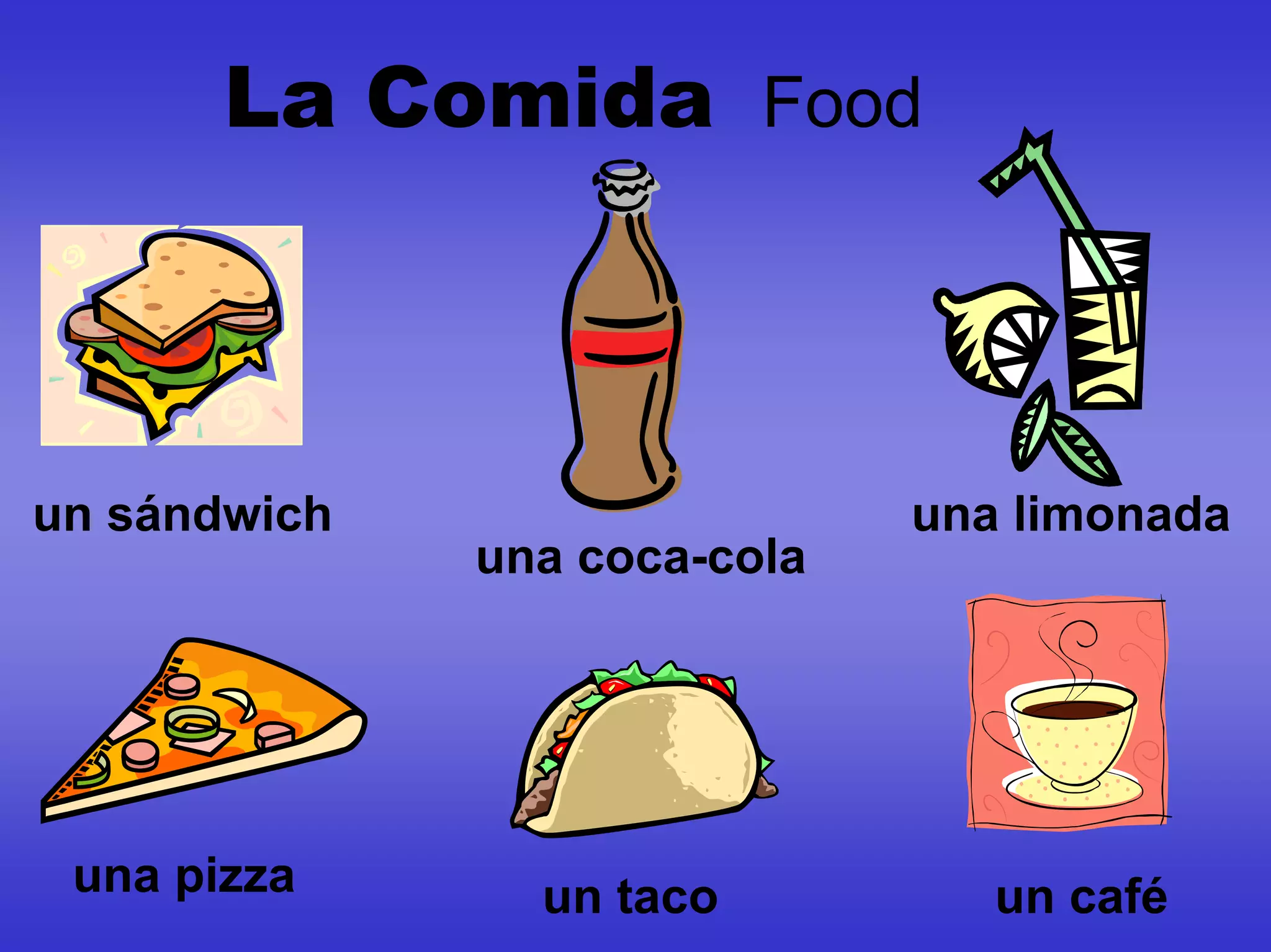 La Comida Food



un sándwich                   una limonada
              una coca-cola




 una pizza      un taco          un café
 