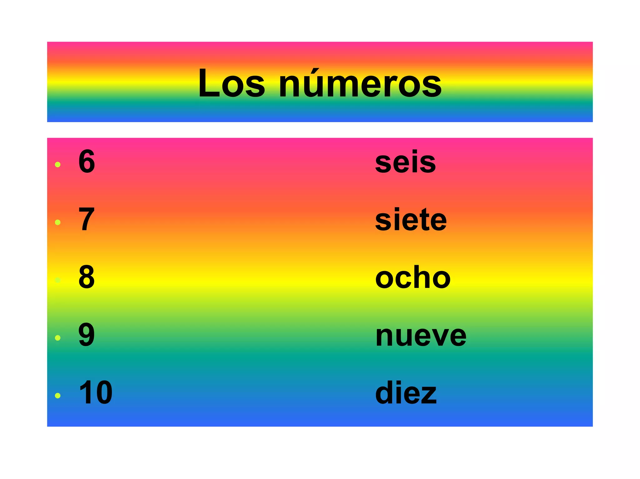 Los números
•   6           seis
•   7           siete
•   8           ocho
•   9           nueve
•   10          diez
 