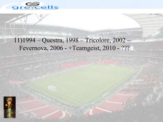 11)1994 – Questra, 1998 – Tricolore, 2002 – Fevernova, 2006 - +Teamgeist, 2010 - ???