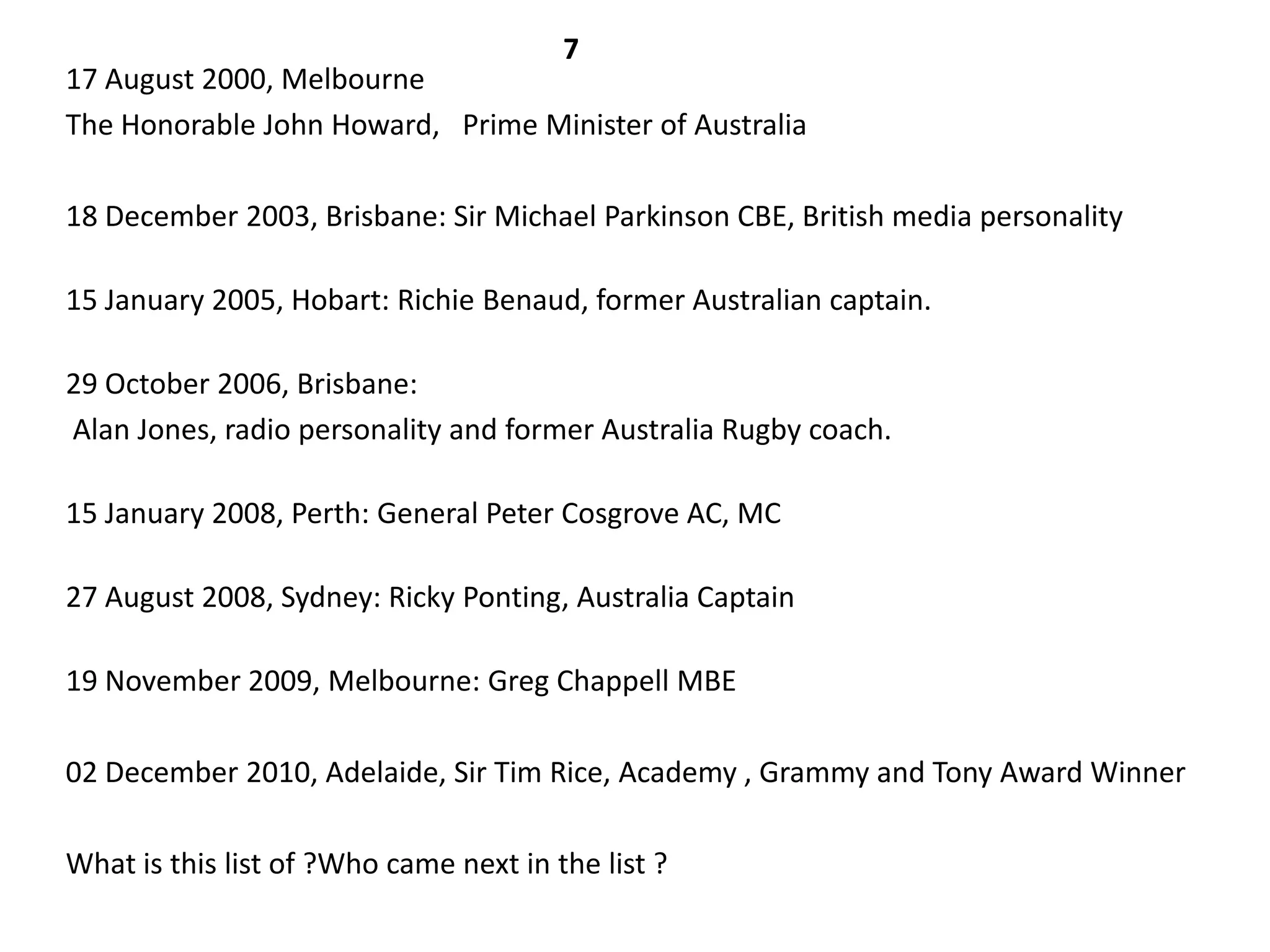 7
17 August 2000, Melbourne
The Honorable John Howard, Prime Minister of Australia

18 December 2003, Brisbane: Sir Michael Parkinson CBE, British media personality

15 January 2005, Hobart: Richie Benaud, former Australian captain.

29 October 2006, Brisbane:
Alan Jones, radio personality and former Australia Rugby coach.

15 January 2008, Perth: General Peter Cosgrove AC, MC

27 August 2008, Sydney: Ricky Ponting, Australia Captain

19 November 2009, Melbourne: Greg Chappell MBE

02 December 2010, Adelaide, Sir Tim Rice, Academy , Grammy and Tony Award Winner

What is this list of ?Who came next in the list ?
 