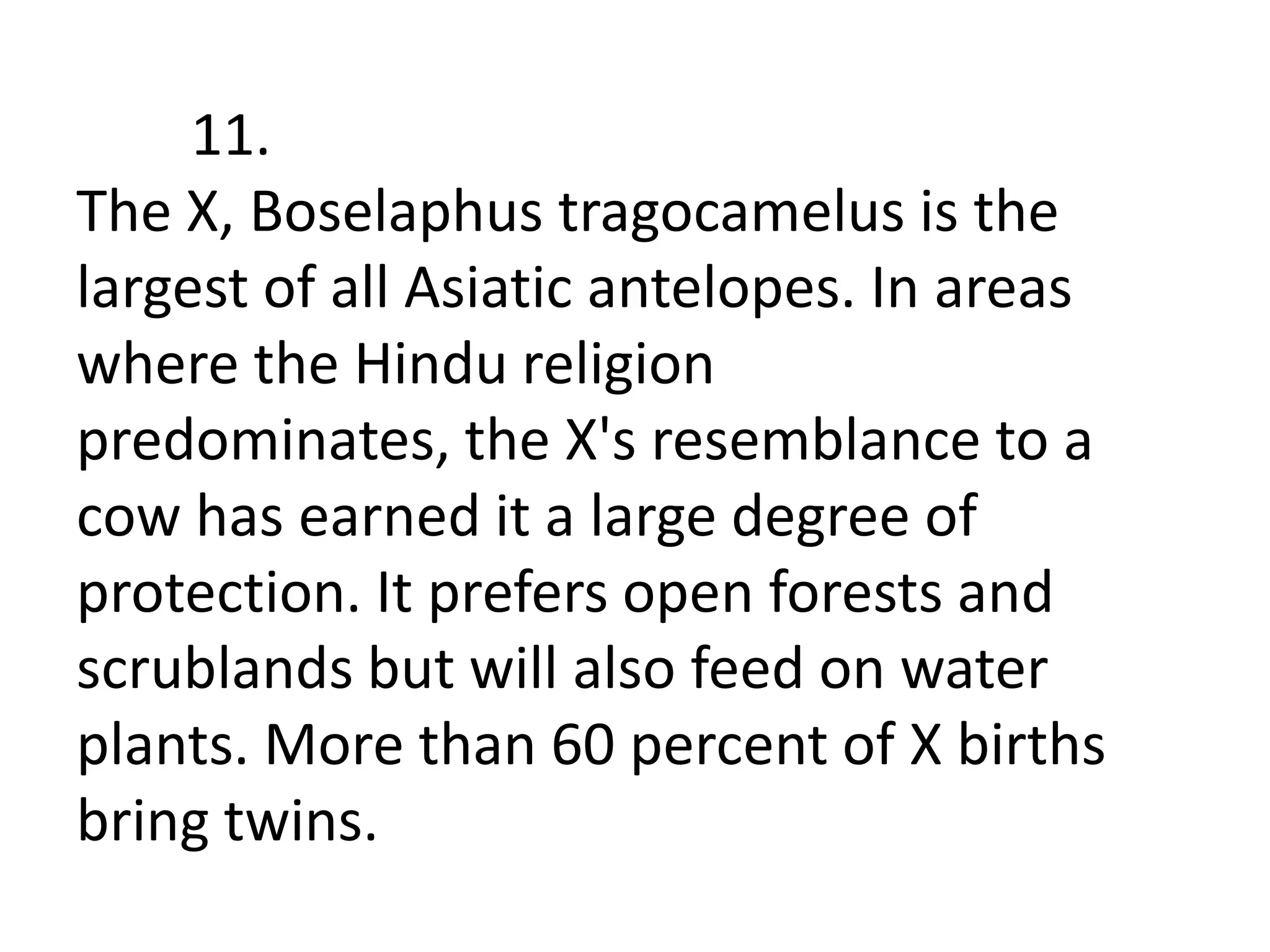 11.
The X, Boselaphus tragocamelus is the
largest of all Asiatic antelopes. In areas
where the Hindu religion
predominates, the X's resemblance to a
cow has earned it a large degree of
protection. It prefers open forests and
scrublands but will also feed on water
plants. More than 60 percent of X births
bring twins.
 