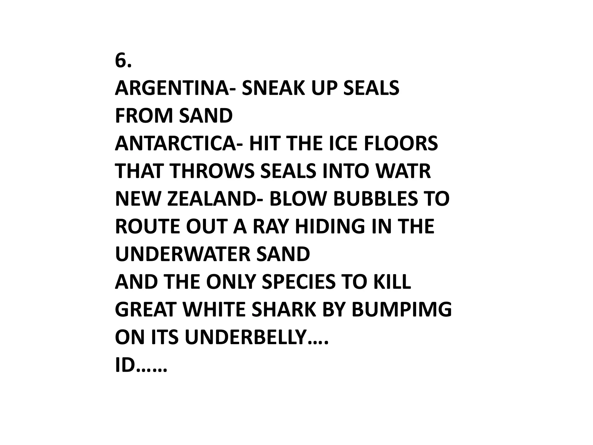6.
ARGENTINA- SNEAK UP SEALS
FROM SAND
ANTARCTICA- HIT THE ICE FLOORS
THAT THROWS SEALS INTO WATR
NEW ZEALAND- BLOW BUBBLES TO
ROUTE OUT A RAY HIDING IN THE
UNDERWATER SAND
AND THE ONLY SPECIES TO KILL
GREAT WHITE SHARK BY BUMPIMG
ON ITS UNDERBELLY….
ID……
 