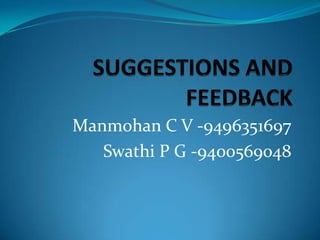Manmohan C V -9496351697
Swathi P G -9400569048
 