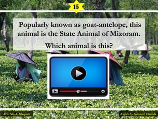   Popularly known as goat-antelope, thisPopularly known as goat-antelope, this
animal is the State Animal of Mizoram.animal is the State Animal of Mizoram.
Which animal is this?Which animal is this?
15
A quiz by Somnath ChandaK.V. No.-1, Ishapore
 