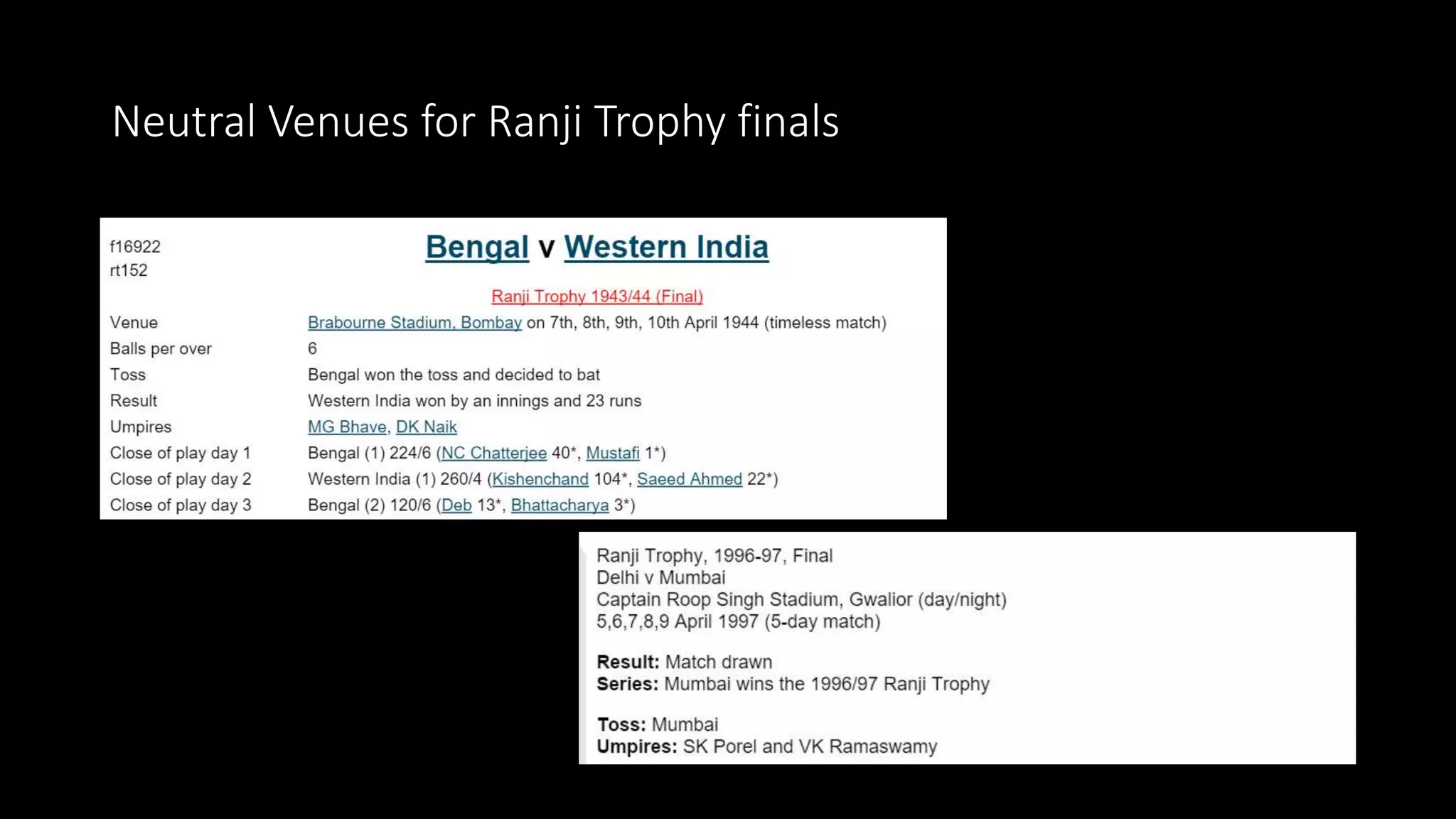 Neutral Venues for Ranji Trophy finals
 
