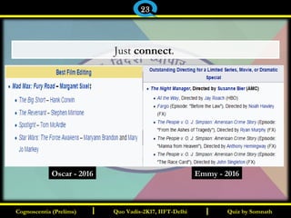 I I
Just connect.
Quiz by SomnathQuiz by SomnathCognoscentia (Prelims)Cognoscentia (Prelims) Quo Vadis-2K17, IIFT-DelhiQuo Vadis-2K17, IIFT-Delhi
23
Oscar - 2016 Emmy - 2016
 