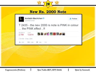 I I
New Rs. 2000 NoteNew Rs. 2000 Note
Quiz by SomnathQuiz by SomnathCognoscentia (Prelims)Cognoscentia (Prelims) Quo Vadis-2K17, IIFT-DelhiQuo Vadis-2K17, IIFT-Delhi
20
 