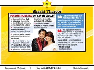 I I
Shashi TharoorShashi Tharoor
Quiz by SomnathQuiz by SomnathCognoscentia (Prelims)Cognoscentia (Prelims) Quo Vadis-2K17, IIFT-DelhiQuo Vadis-2K17, IIFT-Delhi
21
 