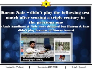 I I
Karun Nair – didn’t play the following testKarun Nair – didn’t play the following test
match after scoring a triple century inmatch after scoring a triple century in
the previous onethe previous one
(Andy Sandham & Nair were dropped but Hutton & Inzy(Andy Sandham & Nair were dropped but Hutton & Inzy
didn’t play because of fitness issues)didn’t play because of fitness issues)
11
Quiz by SomnathQuiz by SomnathInquizzitive (Prelims)Inquizzitive (Prelims) Convolution-2017, JUEEConvolution-2017, JUEE
 
