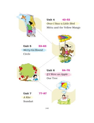 Unit 6
If I Were an Apple
Our Tree
64–76
Unit 7
A Kite
Sundari
77–87
42–52Unit 4
Once I Saw a Little Bird
Mittu and the Yellow Mango
53–63Unit 5
Merry-Go-Round
Circle
(viii)
 