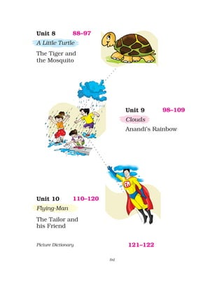 Unit 10
Flying-Man
The Tailor and
his Friend
110–120
Unit 9
Clouds
Anandi’s Rainbow
98–109
Unit 8
A Little Turtle
The Tiger and
the Mosquito
88–97
(ix)
Picture Dictionary 121–122
 