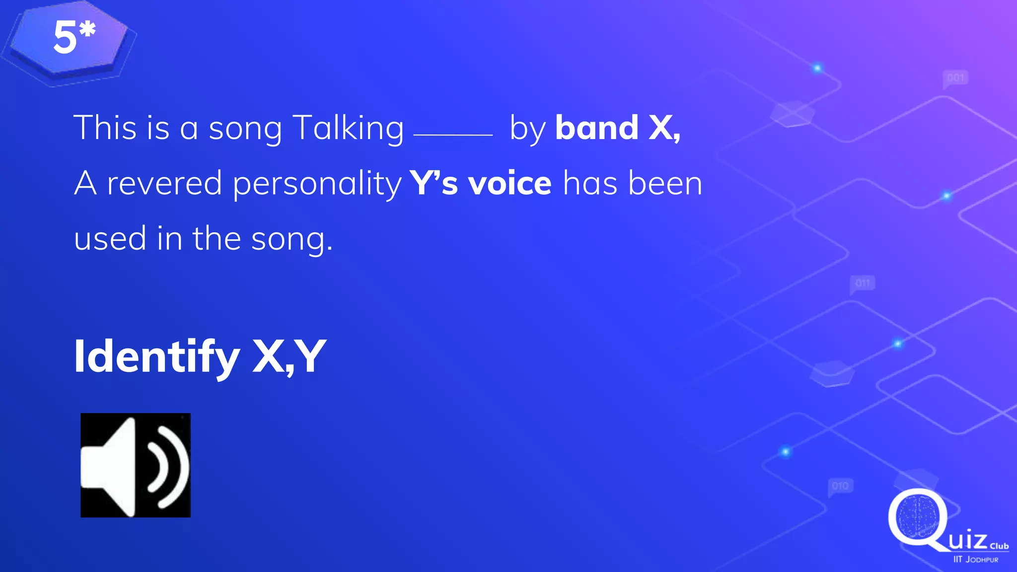 5*
This is a song Talking by band X,
A revered personality Y’s voice has been
used in the song.
Identify X,Y
 