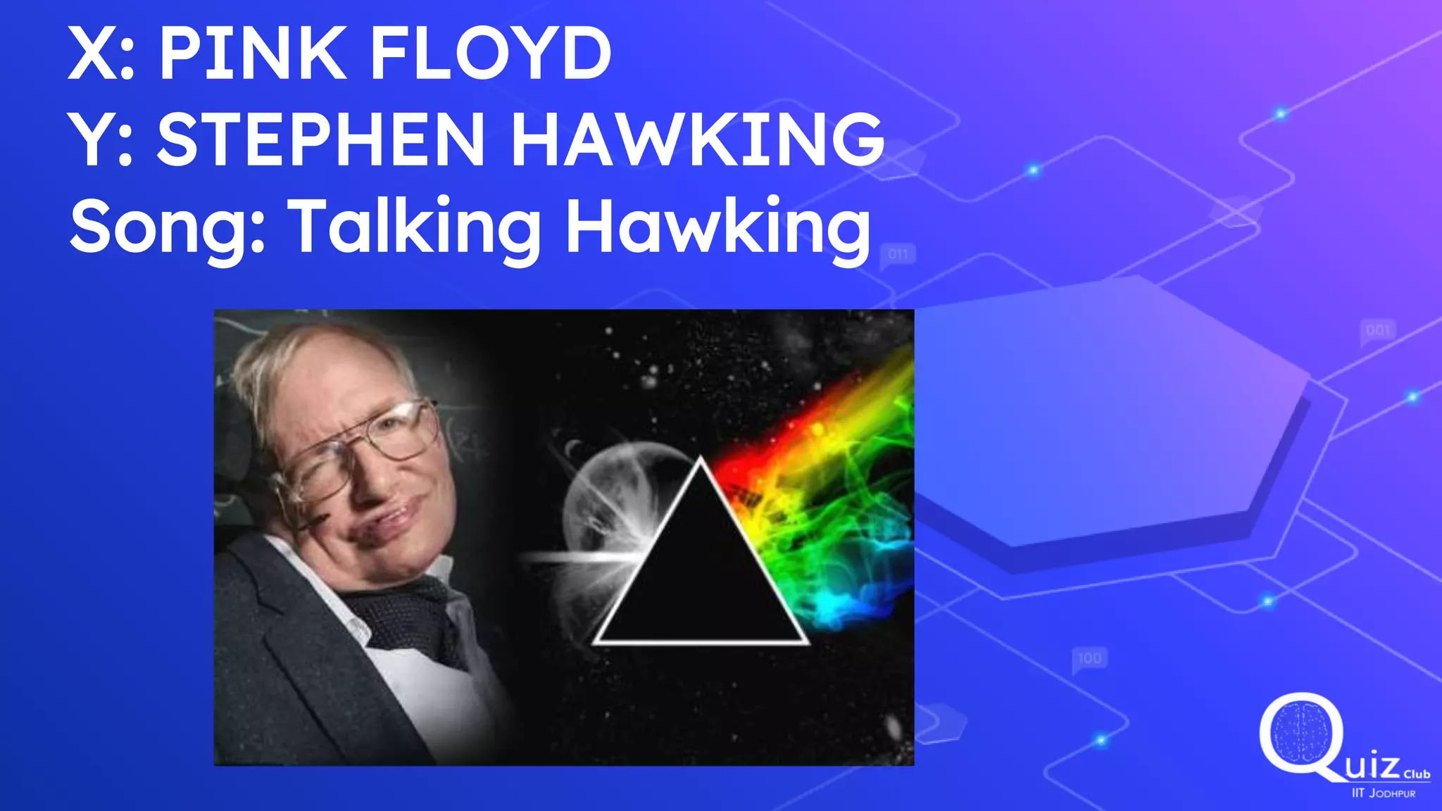 X: PINK FLOYD
Y: STEPHEN HAWKING
Song: Talking Hawking
 
