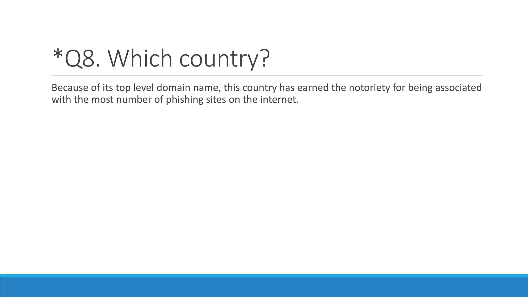 *Q8. Which country?
Because of its top level domain name, this country has earned the notoriety for being associated
with the most number of phishing sites on the internet.
 