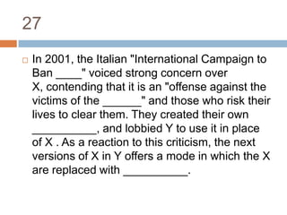 27In 2001, the Italian "International Campaign to Ban ____" voiced strong concern over  X, contending that it is an "offense against the victims of the ______" and those who risk their lives to clear them. They created their own __________, and lobbied Y to use it in place of X . As a reaction to this criticism, the next versions of X in Y offers a mode in which the X are replaced with __________.