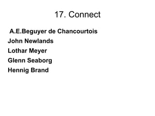 17. Connect
 A.E.Beguyer de Chancourtois 
John Newlands
Lothar Meyer
Glenn Seaborg
Hennig Brand
 