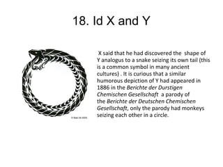 18. Id X and Y

     X said that he had discovered the shape of
    Y analogus to a snake seizing its own tail (this
    is a common symbol in many ancient
    cultures) . It is curious that a similar
    humorous depiction of Y had appeared in
    1886 in the Berichte der Durstigen
    Chemischen Gesellschaft  a parody of
    the Berichte der Deutschen Chemischen
    Gesellschaft, only the parody had monkeys
    seizing each other in a circle.
 