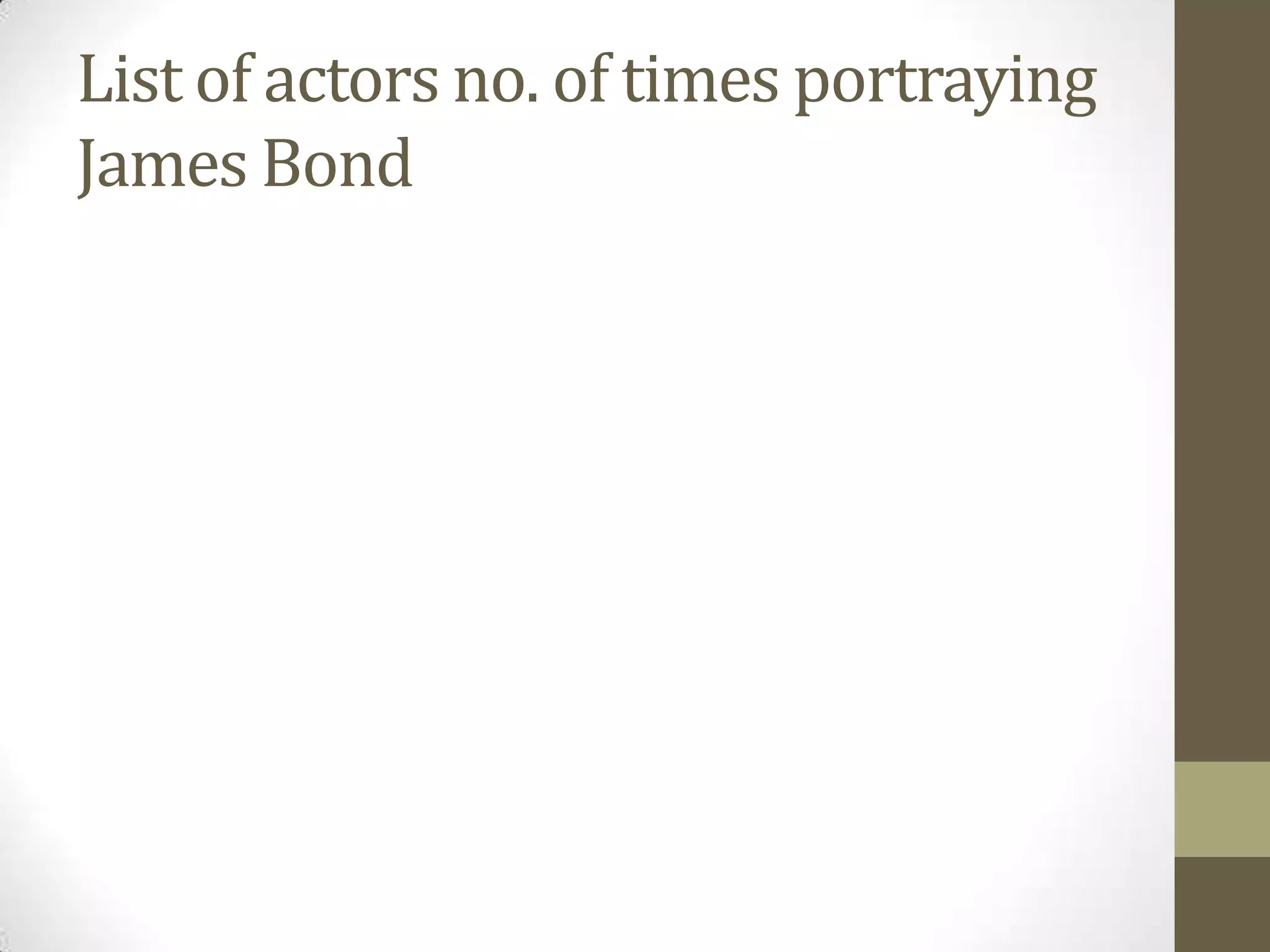 List of actors no. of times portraying
James Bond
 