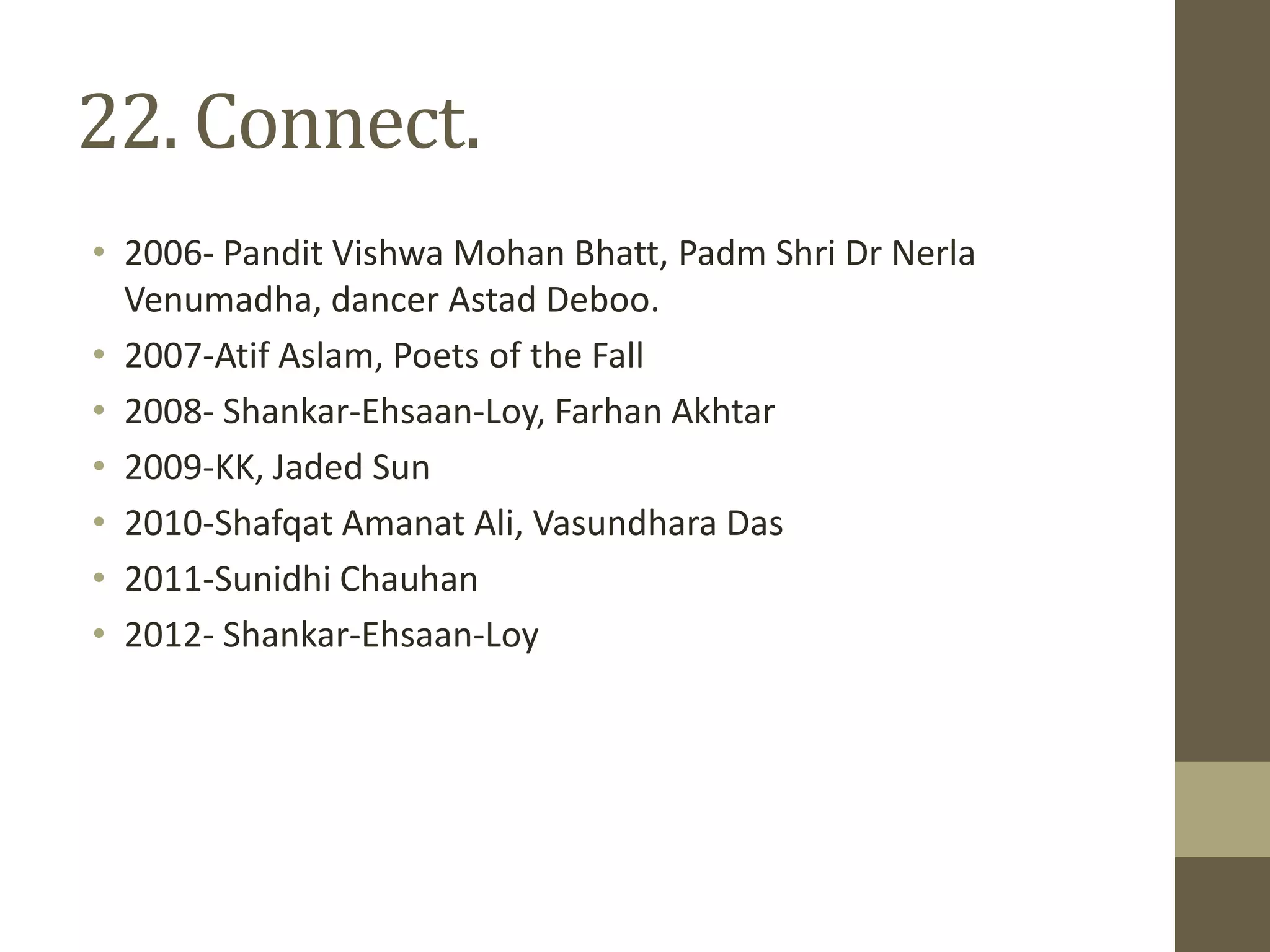 22. Connect.
• 2006- Pandit Vishwa Mohan Bhatt, Padm Shri Dr Nerla
Venumadha, dancer Astad Deboo.
• 2007-Atif Aslam, Poets of the Fall
• 2008- Shankar-Ehsaan-Loy, Farhan Akhtar
• 2009-KK, Jaded Sun
• 2010-Shafqat Amanat Ali, Vasundhara Das
• 2011-Sunidhi Chauhan
• 2012- Shankar-Ehsaan-Loy
 