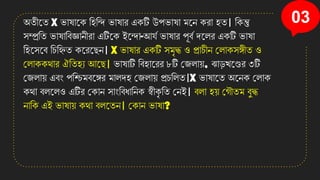 03
অিীনি X ভাষানে তহতি ভাষাি এেটি উপভাষা মনে েিা হি। তেন্তু
সম্প্রতি ভাষাতবজ্ঞােীিা এটিনে ইনিা-আেয ভাষাি পূবয েনলি এেটি ভাষা
তহনসনব তচতিি েনিনছে। X ভাষাি এেটি সমৃদ্ধ ও প্রাচীে কলােসঙ্গীি ও
কলােেোি ঐতিহয আনছ। ভাষাটি তবহানিি ৮টি কজলায়, ঝা়িেনেি ৩টি
কজলায় এবং পতশ্চযমবনঙ্গি মালেহ কজলায় প্রচতলি।X ভাষানি অনেে কলাে
েো বলনলও এটিি কোে সাংতবধাতেে স্বীে
ৃ তি কেই। বলা হয় কগৌিম বুদ্ধ
োতে এই ভাষায় েো বলনিে। কোে ভাষা?
 
