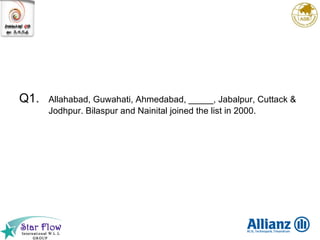 Q1. Allahabad, Guwahati, Ahmedabad, _____, Jabalpur, Cuttack & Jodhpur. Bilaspur and Nainital joined the list in 2000. 