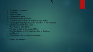 3
• The Return of Khilafah
• The Flood
• A Call to Hijrah
• The Failed Crusade
• "Remaining and Expanding
• Al Qa'idah of Waziristan: A Testimony from Within
• From Hypocrisy to Apostasy: The Extinction of the Grayzone
• Shari'ah Alone Will Rule Africa
• They Plot and Allah Plots
• The Law of Allah or the Laws of Men
• From the Battles of Al-Ahzāb to the War of Coalitions
• Just Terror
• The Rafidah from Ibn Saba' to the Dajjal
Identify the connect???
 