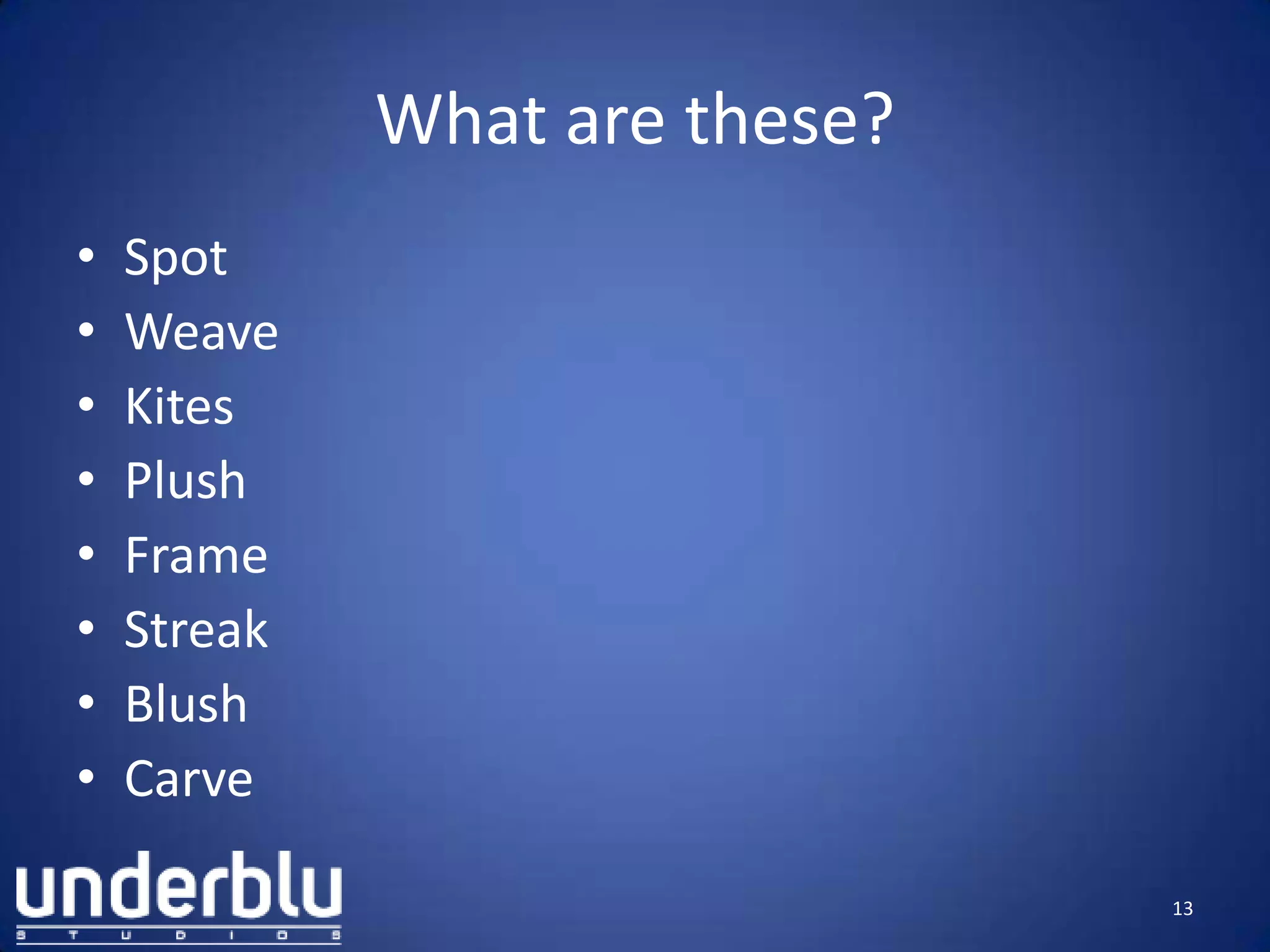 What are these?
• Spot
• Weave
• Kites
• Plush
• Frame
• Streak
• Blush
• Carve
13
 