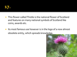  This flower calledThistle is the national flower of Scotland
and features on many national symbols of Scotland like
coins, awards etc.
 Its most famous use however is in the logo of a now almost
obsolete entity, which spreads knowledge.
 