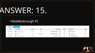 ANSWER: 15.
• Middlesbrough FC
 