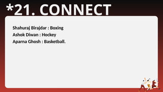*21. CONNECT
Shahuraj Birajdar : Boxing
Ashok Diwan : Hockey
Aparna Ghosh : Basketball.
 