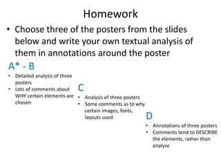 Homework
• Choose three of the posters from the slides
below and write your own textual analysis of
them in annotations around the poster
A* - B
• Detailed analysis of three
posters
• Lots of comments about
WHY certain elements are
chosen
C
• Analysis of three posters
• Some comments as to why
certain images, fonts,
layouts used D
• Annotations of three posters
• Comments tend to DESCRIBE
the elements, rather than
analyse
 