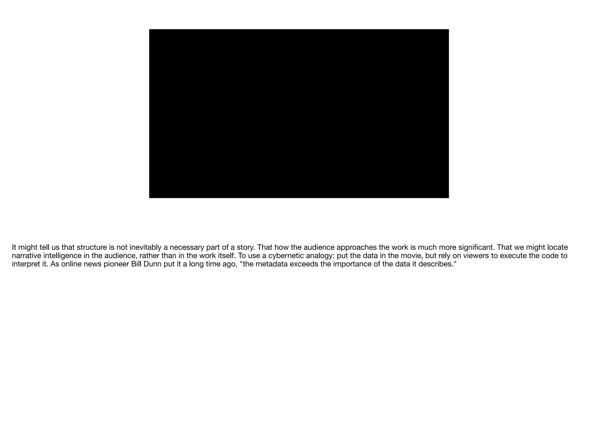 It might tell us that structure is not inevitably a necessary part of a story. That how the audience approaches the work is much more signiﬁcant. That we might locate
narrative intelligence in the audience, rather than in the work itself. To use a cybernetic analogy: put the data in the movie, but rely on viewers to execute the code to
interpret it. As online news pioneer Bill Dunn put it a long time ago, "the metadata exceeds the importance of the data it describes."

 